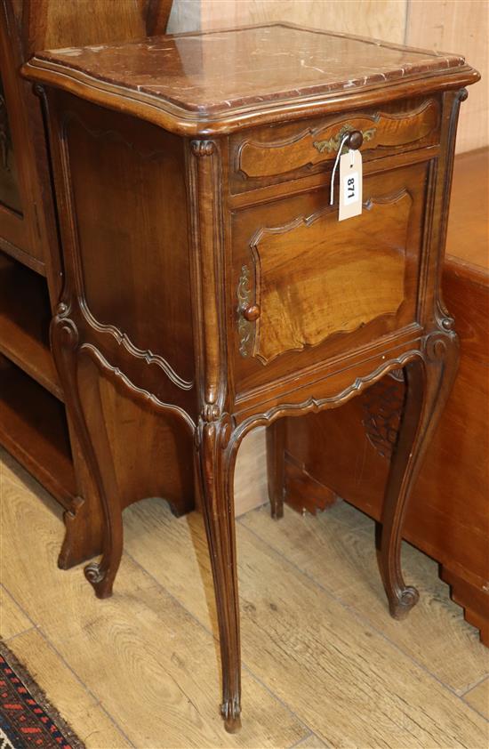 A Louis XV style walnut table de nuit having marble top over drawer and cupboard and a similar table Larger W.38cm